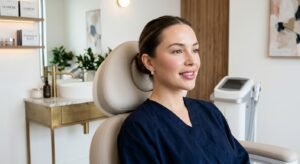 A smiling woman with beautifully defined lips seated comfortably in a modern medical aesthetics clinic chair